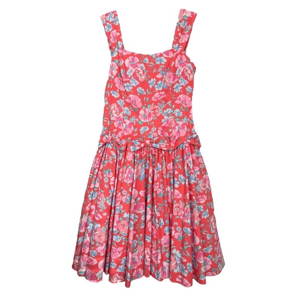 Laura Ashley Vtg 90s Floral Bow Dress Size 10 Pink Red Cotton Crinoline Skirt - Picture 2 of 14